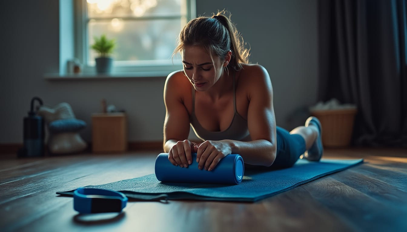 Femme utilisant un rouleau de massage en mousse sur un tapis de yoga