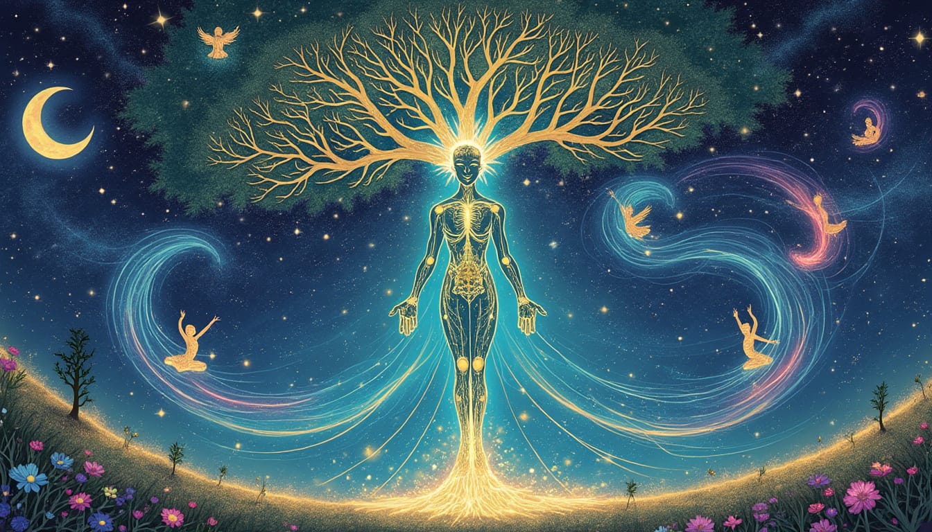 Illustration d'une silhouette lumineuse reliee a un arbre sous un ciel etoile