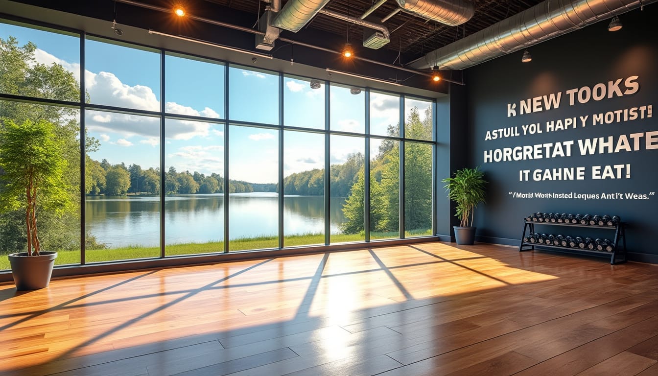 Salle de fitness vide avec parquet, mur motivationnel et vue sur un lac