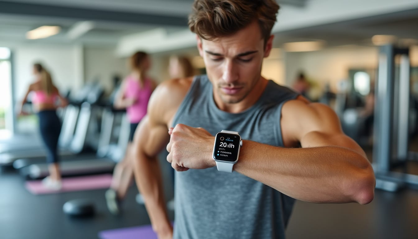 Homme consultant sa montre connectee dans une salle de sport