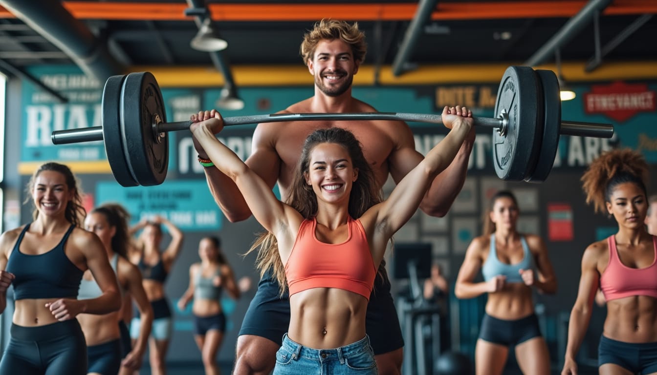 Femme soulevant une barre chargee avec un coach derriere elle en salle