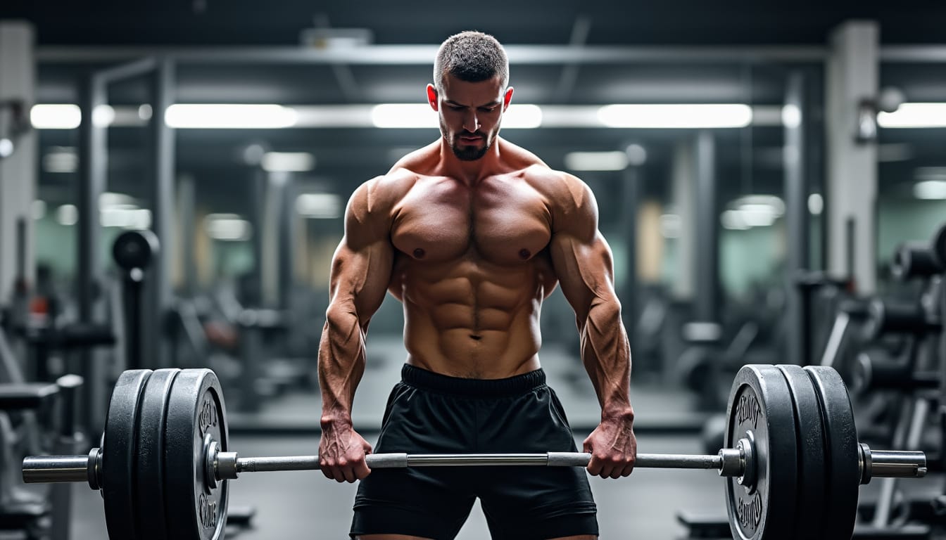 Homme muscle concentre soulevant une barre lourde en salle de musculation