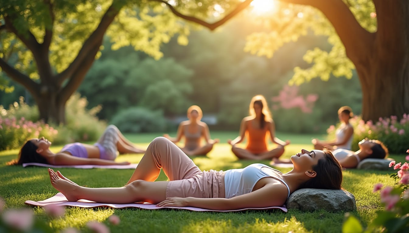 Femmes allongees et en meditation dans un parc verdoyant au soleil couchant