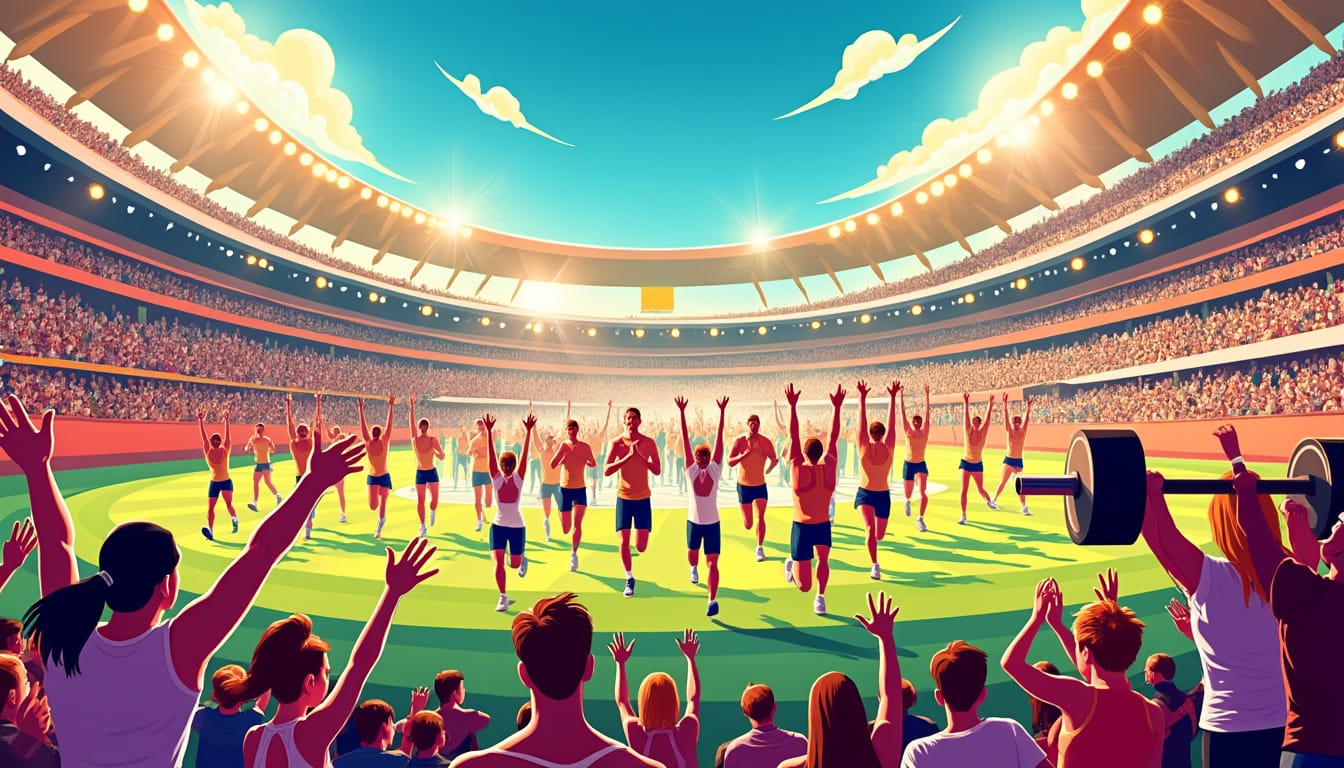 Illustration d'athletes courant dans un stade sous les acclamations du public