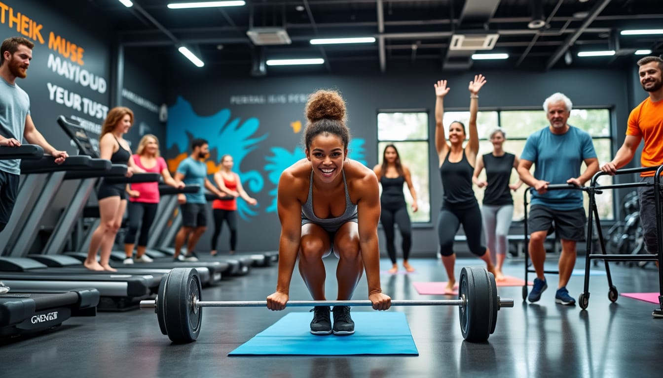 Femme soulevant une barre chargee en salle encouragee par d'autres sportifs