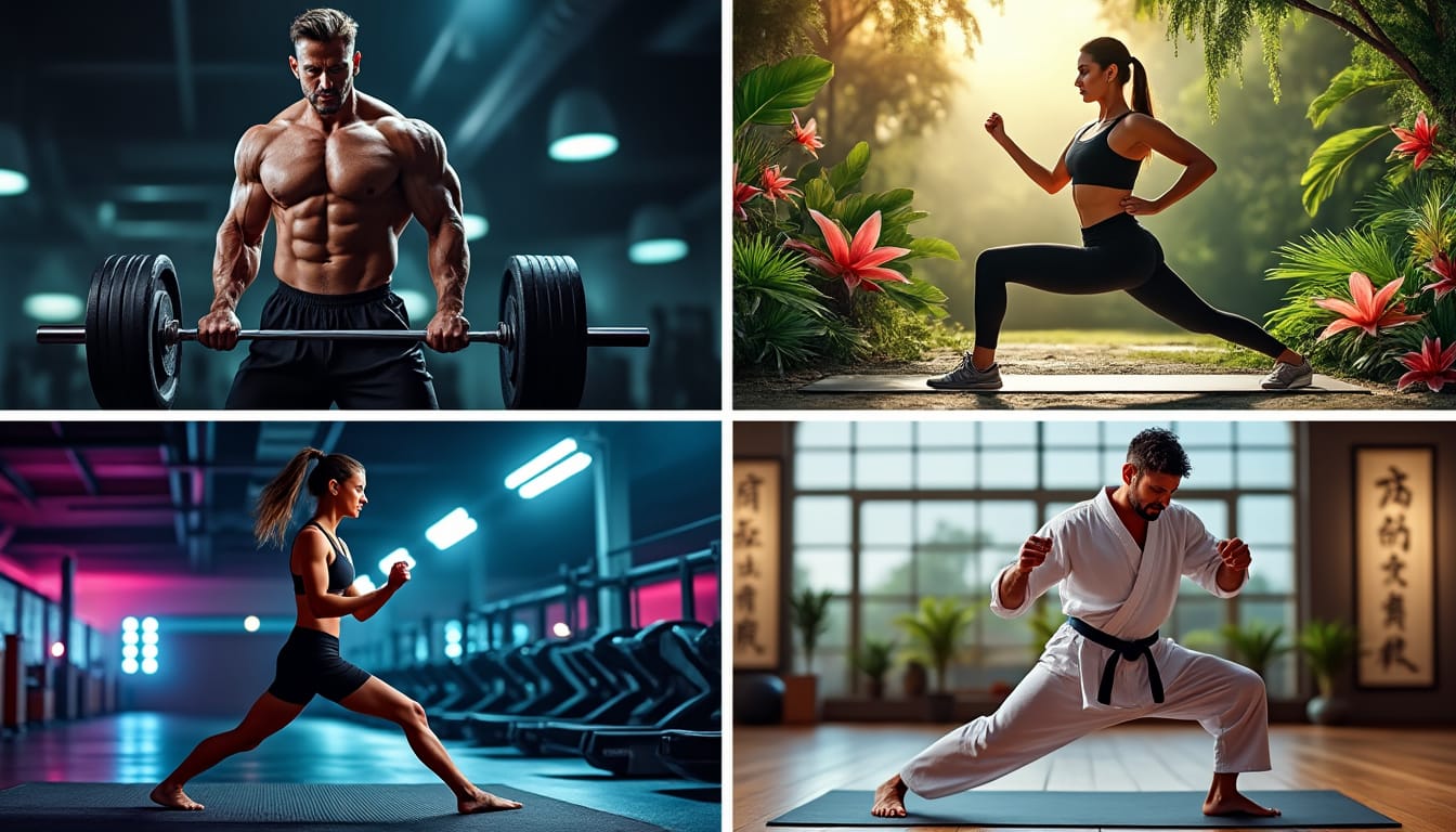 Quatre photos : musculation, fente en nature, boxe en salle et karate en dojo
