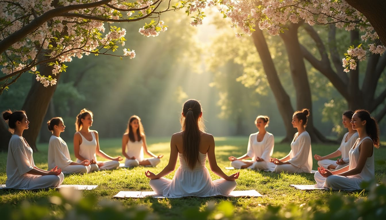 Groupe de femmes en blanc meditant en cercle dans un parc fleuri au soleil