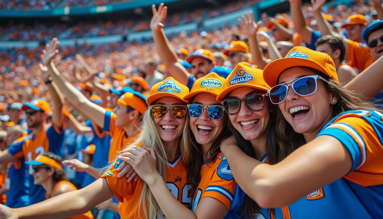Supporters enthousiastes en tenues orange et bleues dans les tribunes d'un stade