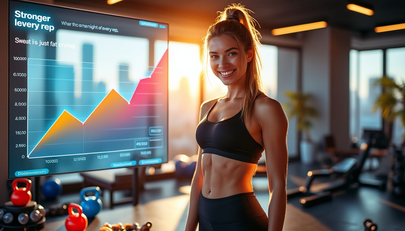 Femme souriante devant un ecran affichant un graphique de progression en salle