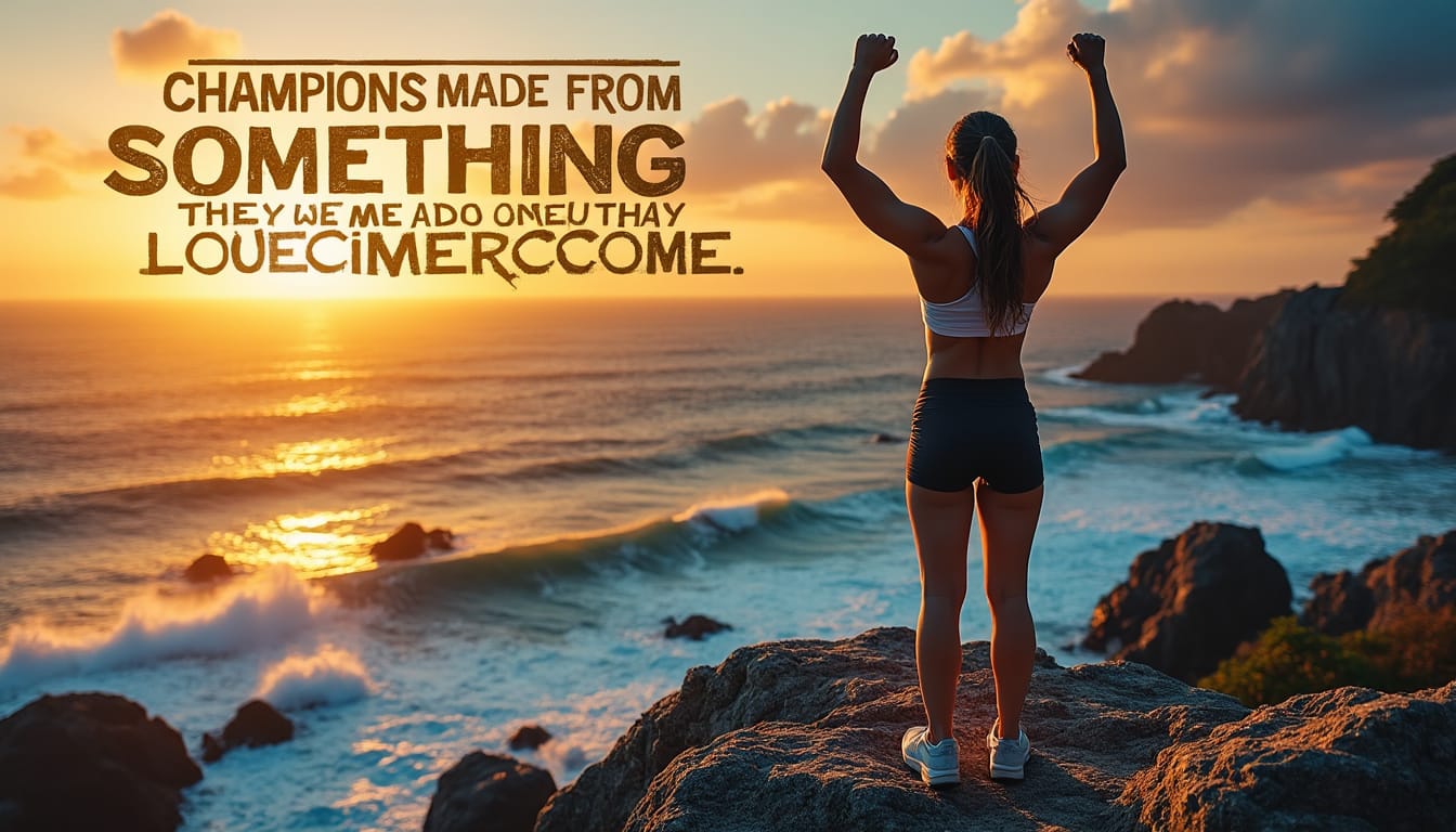 Femme sportive bras leves face a l'ocean au coucher du soleil sur des rochers