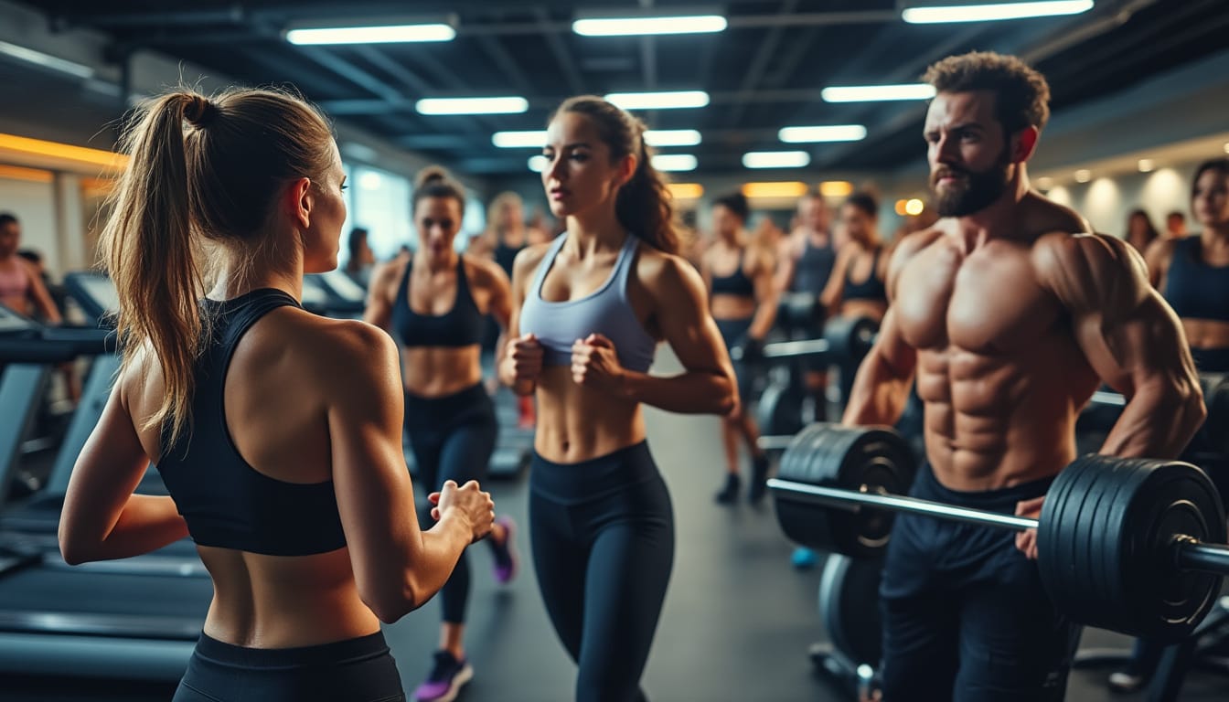 Sportifs discutant dans une salle de fitness avec tapis roulants en arriere-plan