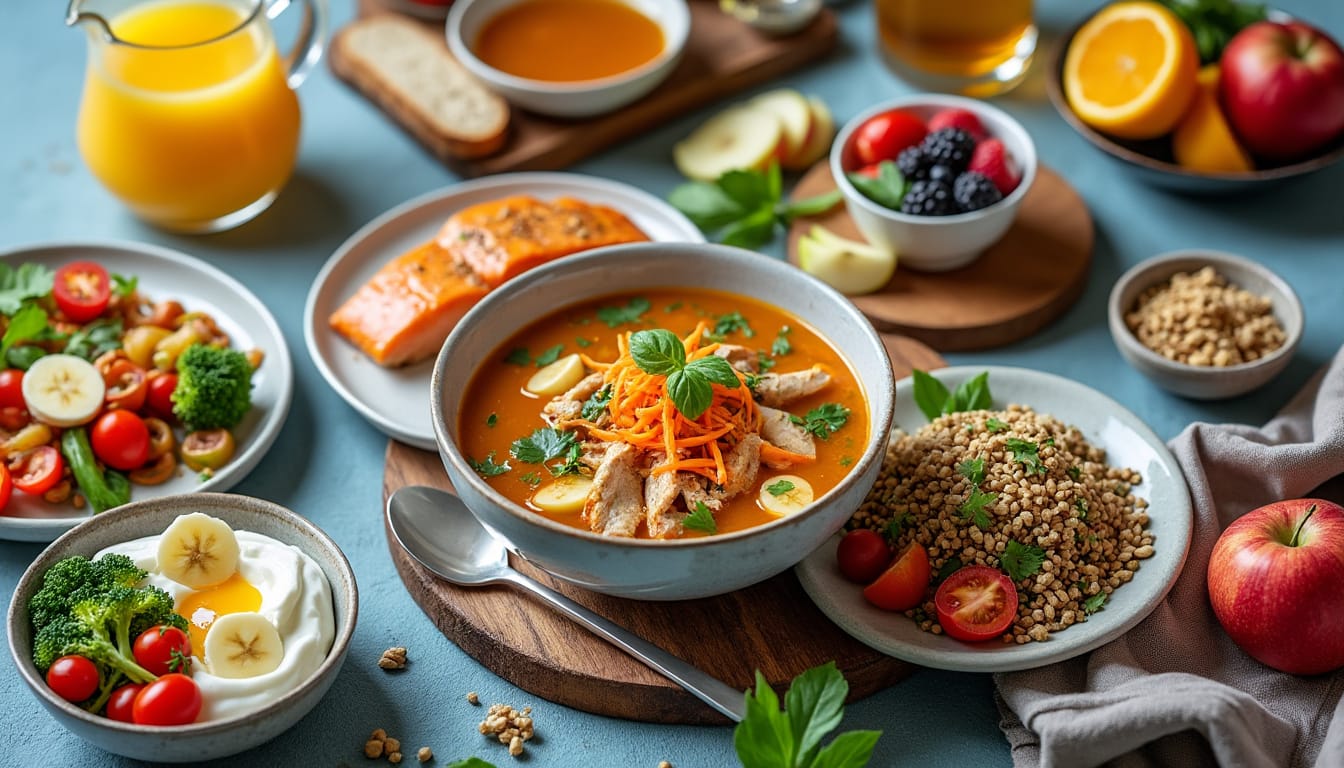 Table de repas sains avec soupe, saumon, fruits, cereales et jus d'orange