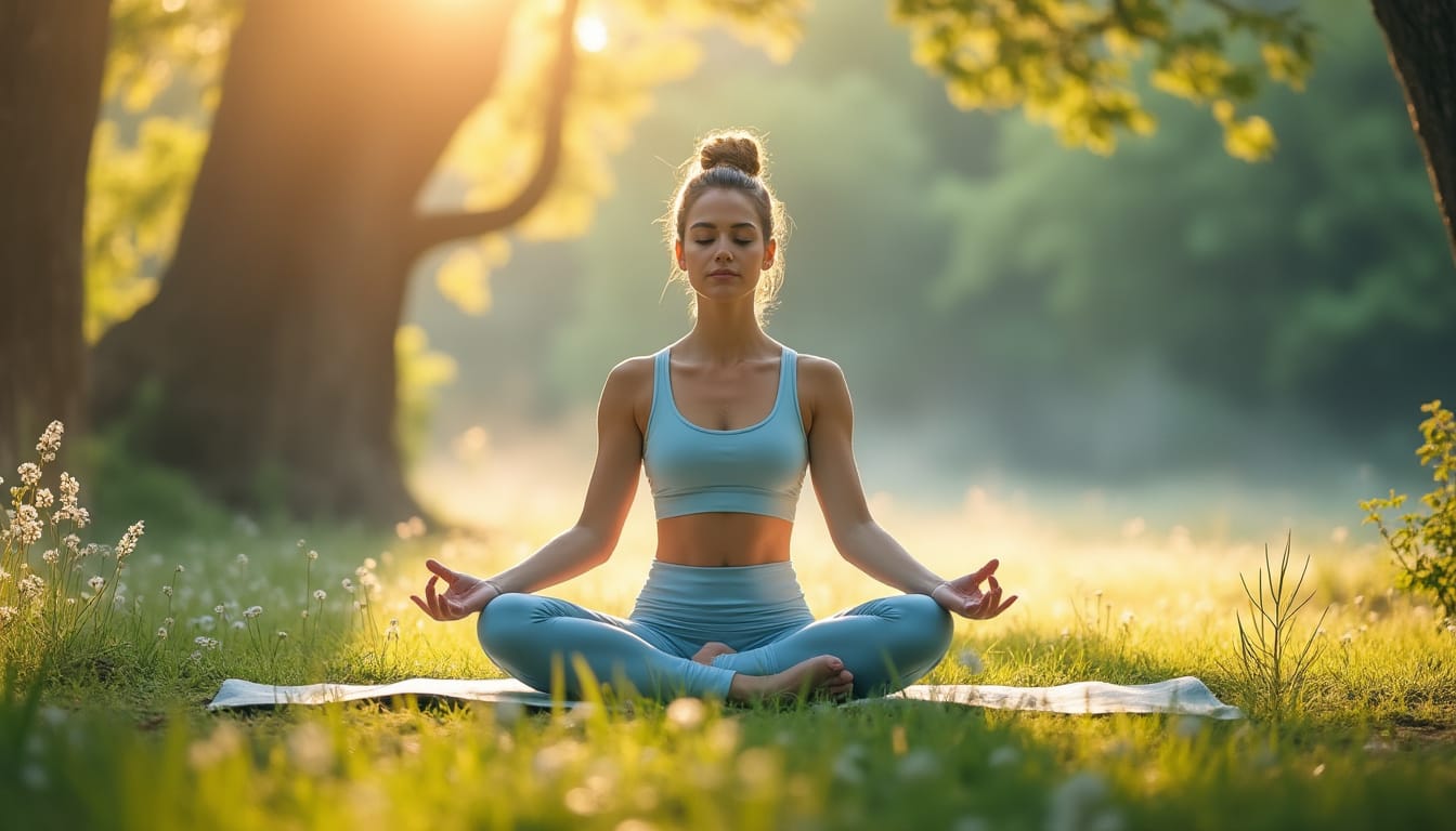 Femme en tenue sportive meditant en position du lotus dans un parc ensoleille