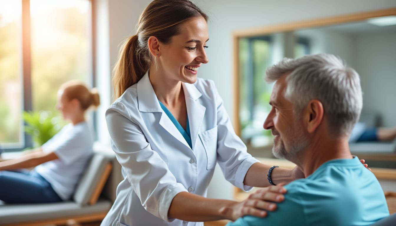 Kinesitherapeute souriante examinant l'epaule d'un patient dans un cabinet