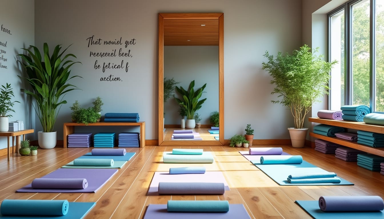 Salle de yoga avec tapis colores au sol, miroir et plantes vertes