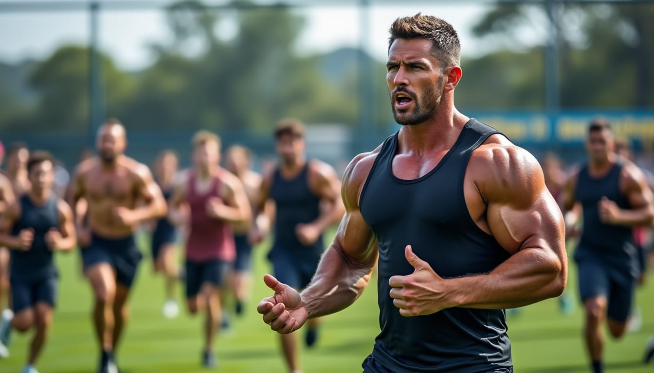 Homme muscle courant en tete d'un groupe d'athletes sur un terrain