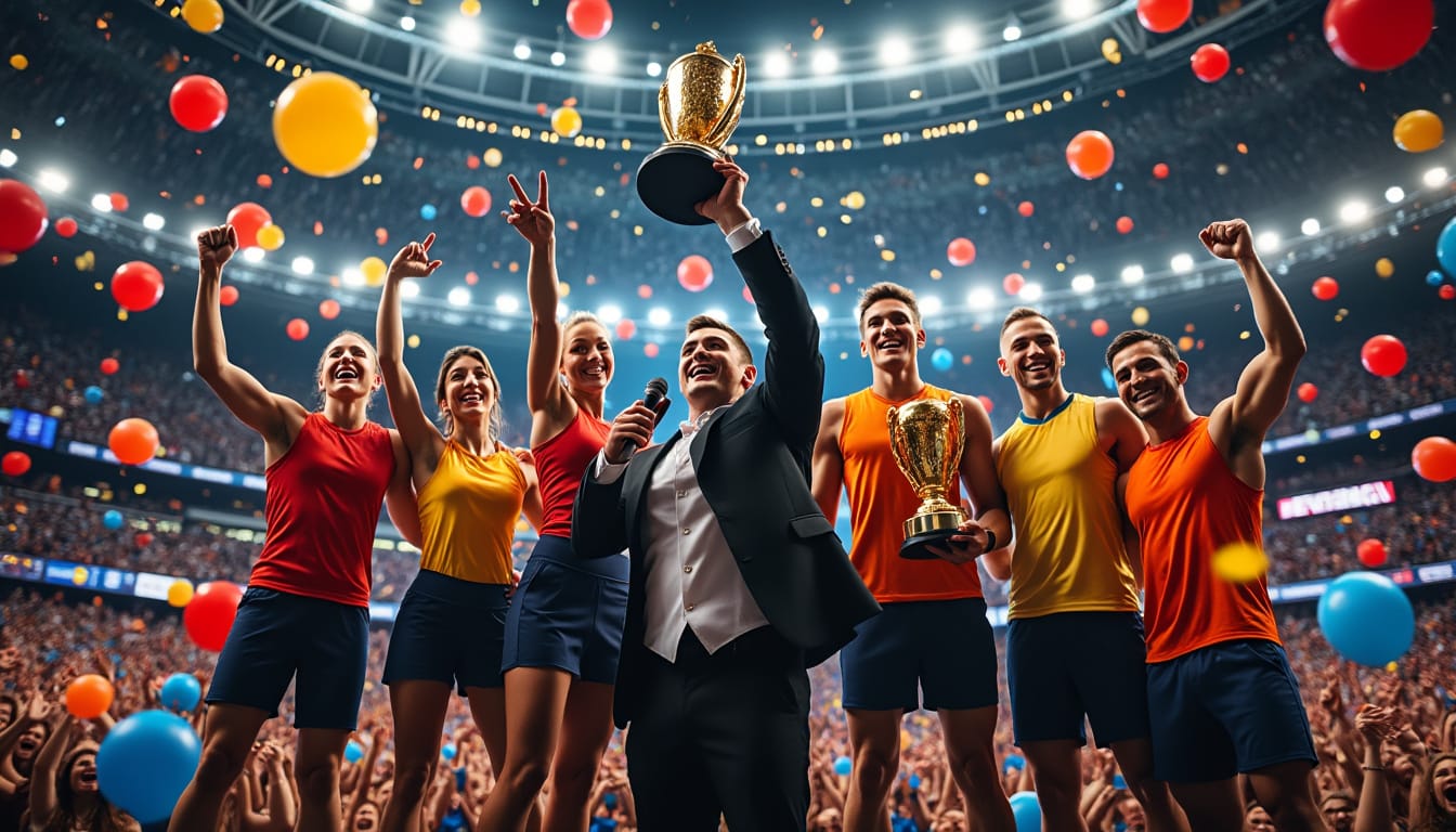 Remise de trophee dans un stade avec athletes et confettis colores