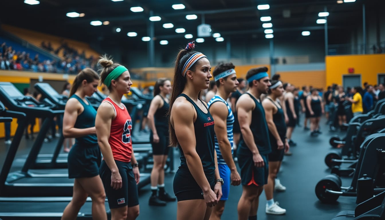 Athletes en tenue sportive alignes dans un gymnase avant une competition