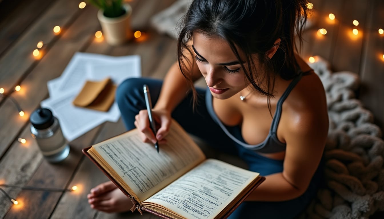 Femme en tenue sportive ecrivant dans un carnet avec une gourde a cote