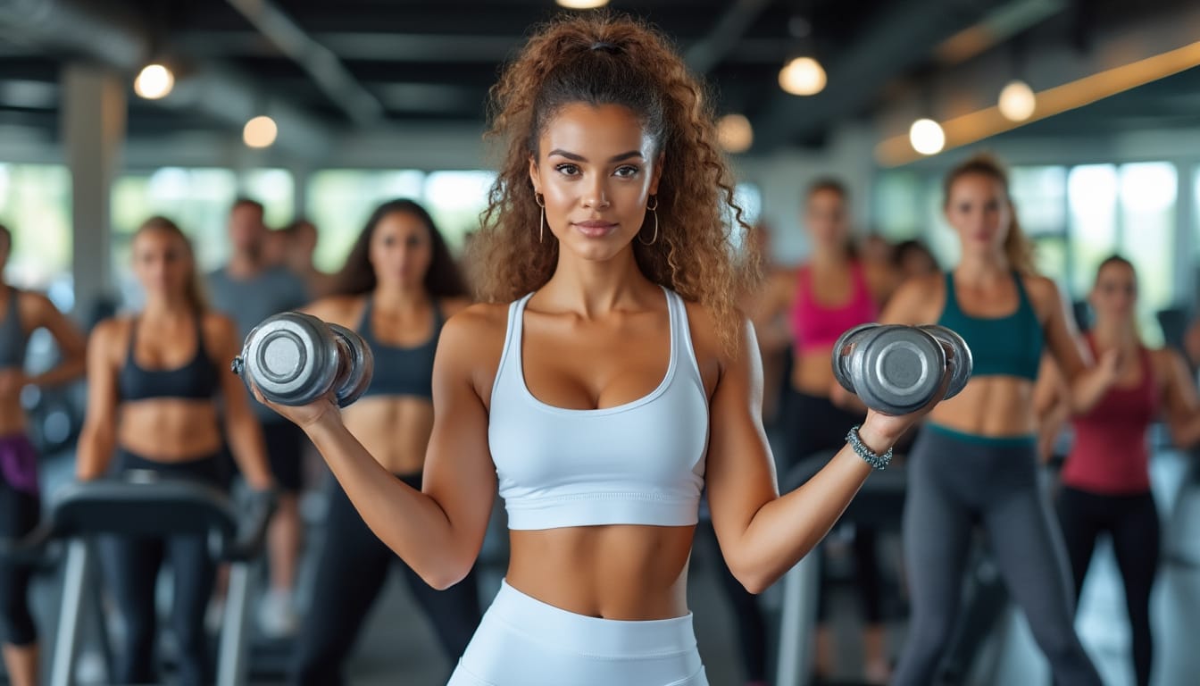 Femme avec des halteres en main dans une salle de fitness bondee