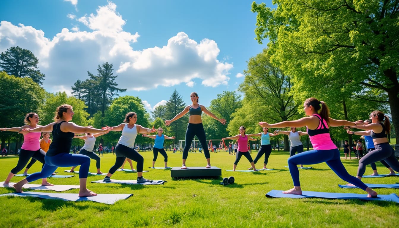 Cours de fitness en plein air dans un parc avec une instructrice sur un step