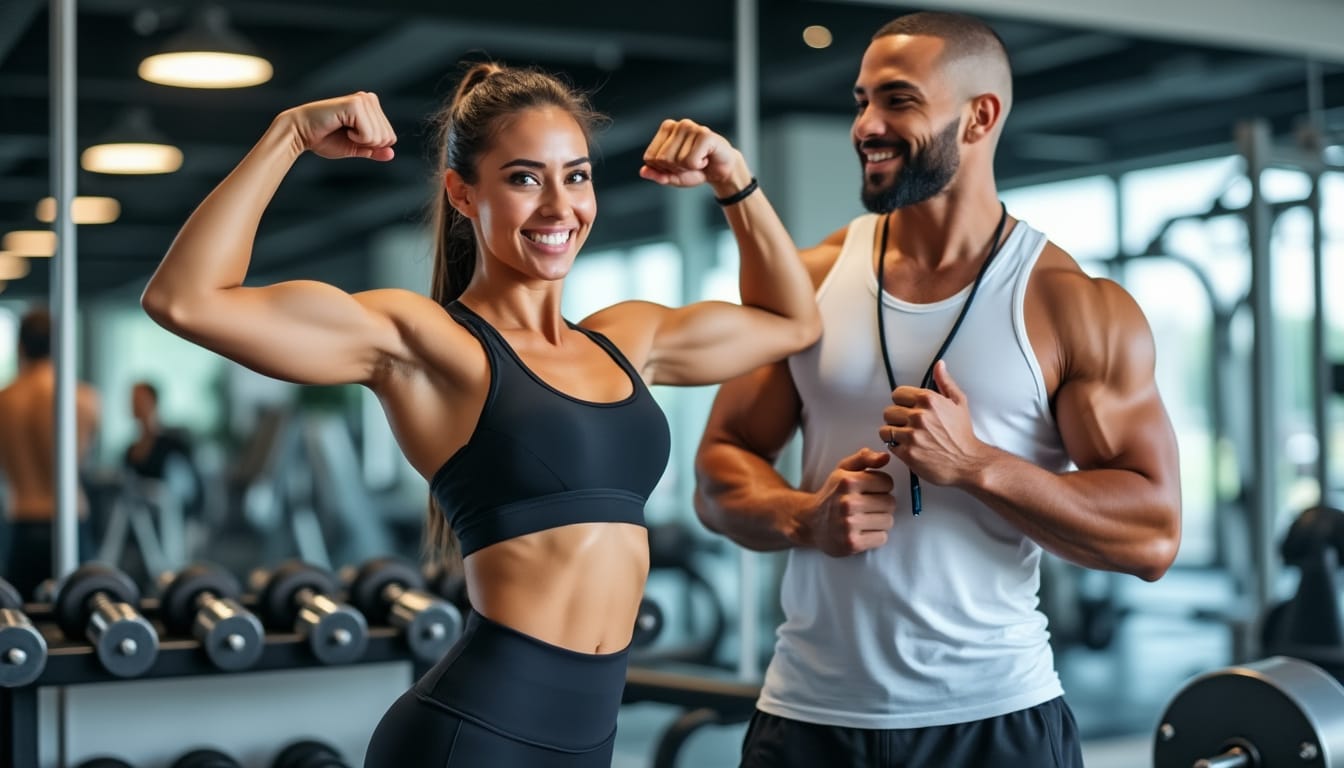 Femme et coach souriant flexant les biceps dans une salle de musculation