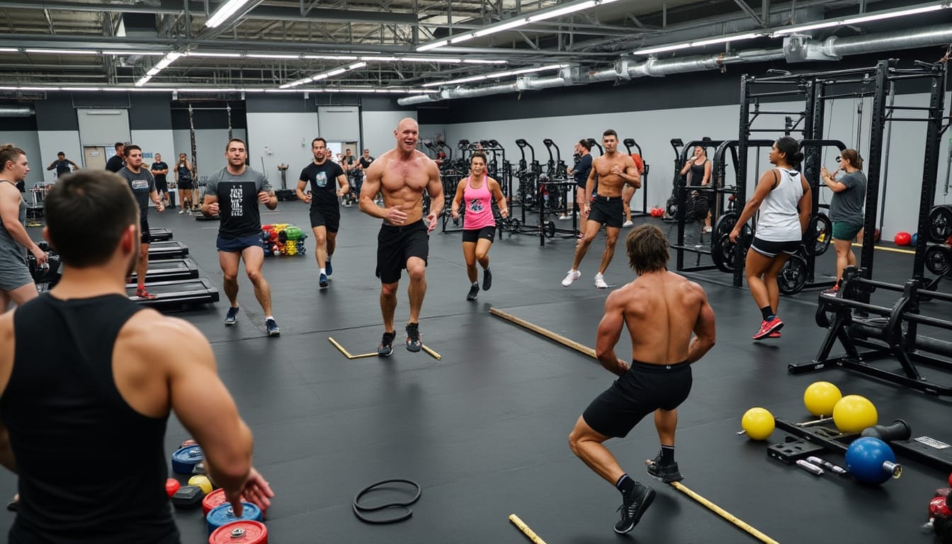 Groupe d'athletes s'entrainant dans une grande salle de crossfit