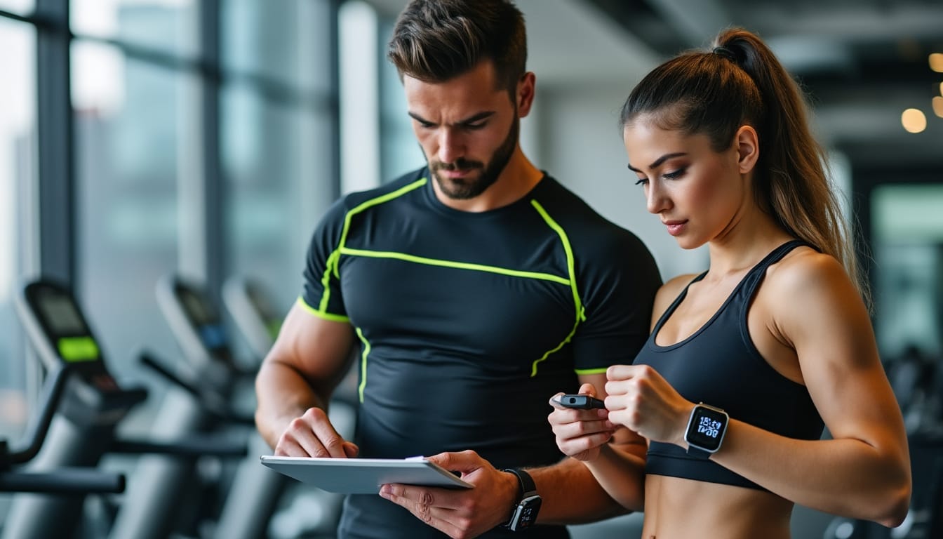 Coach et sportive consultant une tablette et une montre connectee en salle
