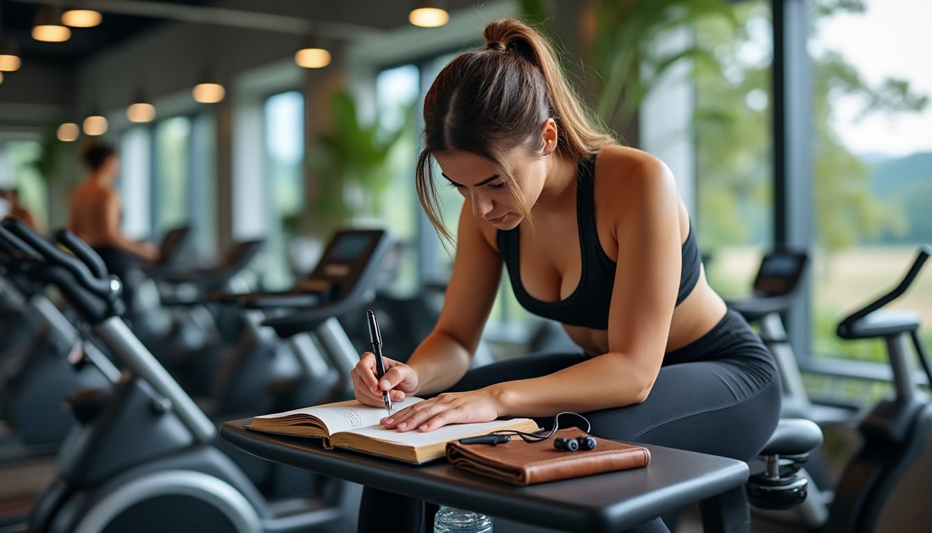 Femme notant ses exercices dans un carnet assise pres de velos en salle