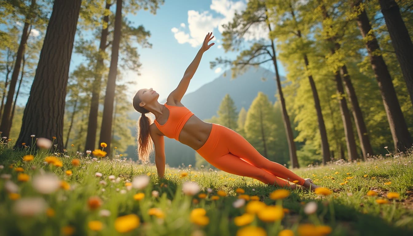 Femme en tenue orange faisant une planche laterale dans une clairiere fleurie