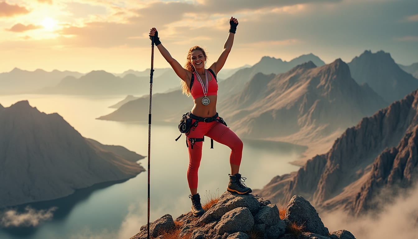 Femme randonneuse triomphante au sommet d'une montagne face a un panorama
