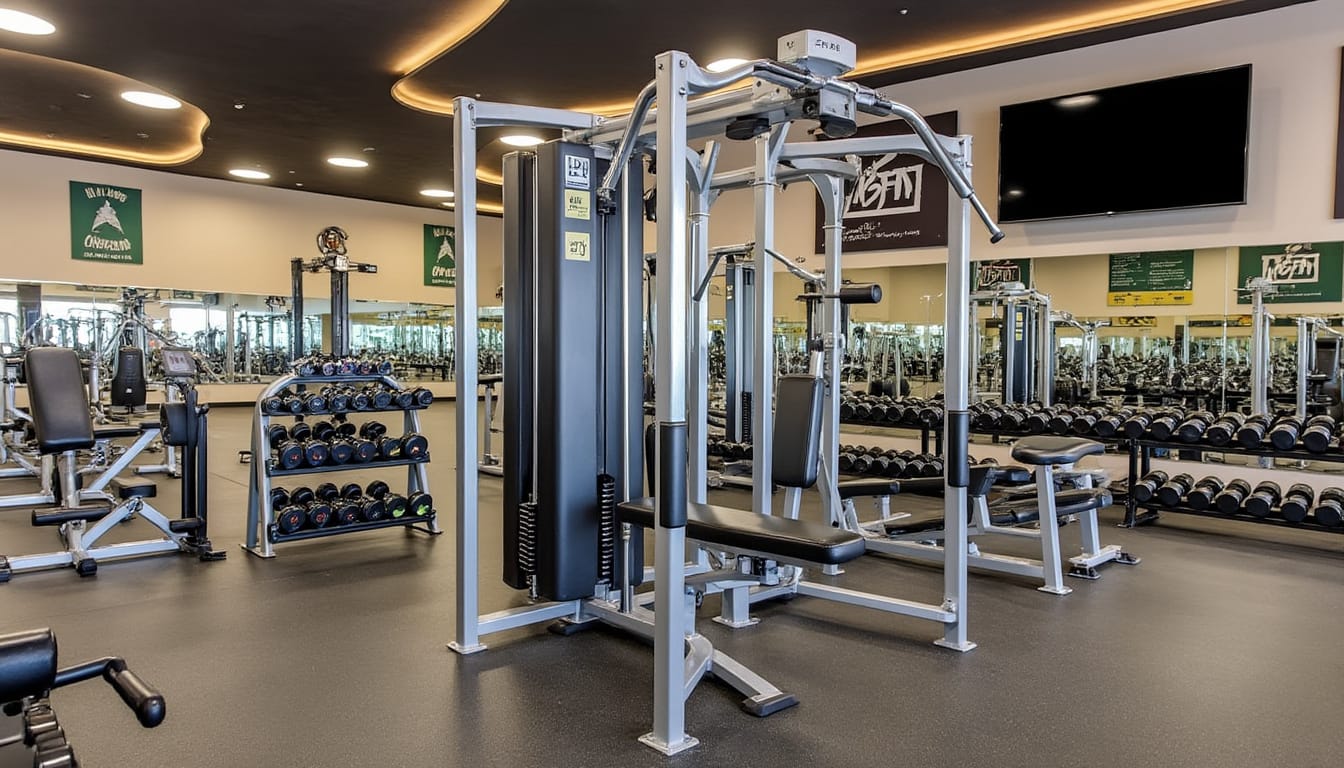 Salle de musculation spacieuse avec machines, halteres et miroirs