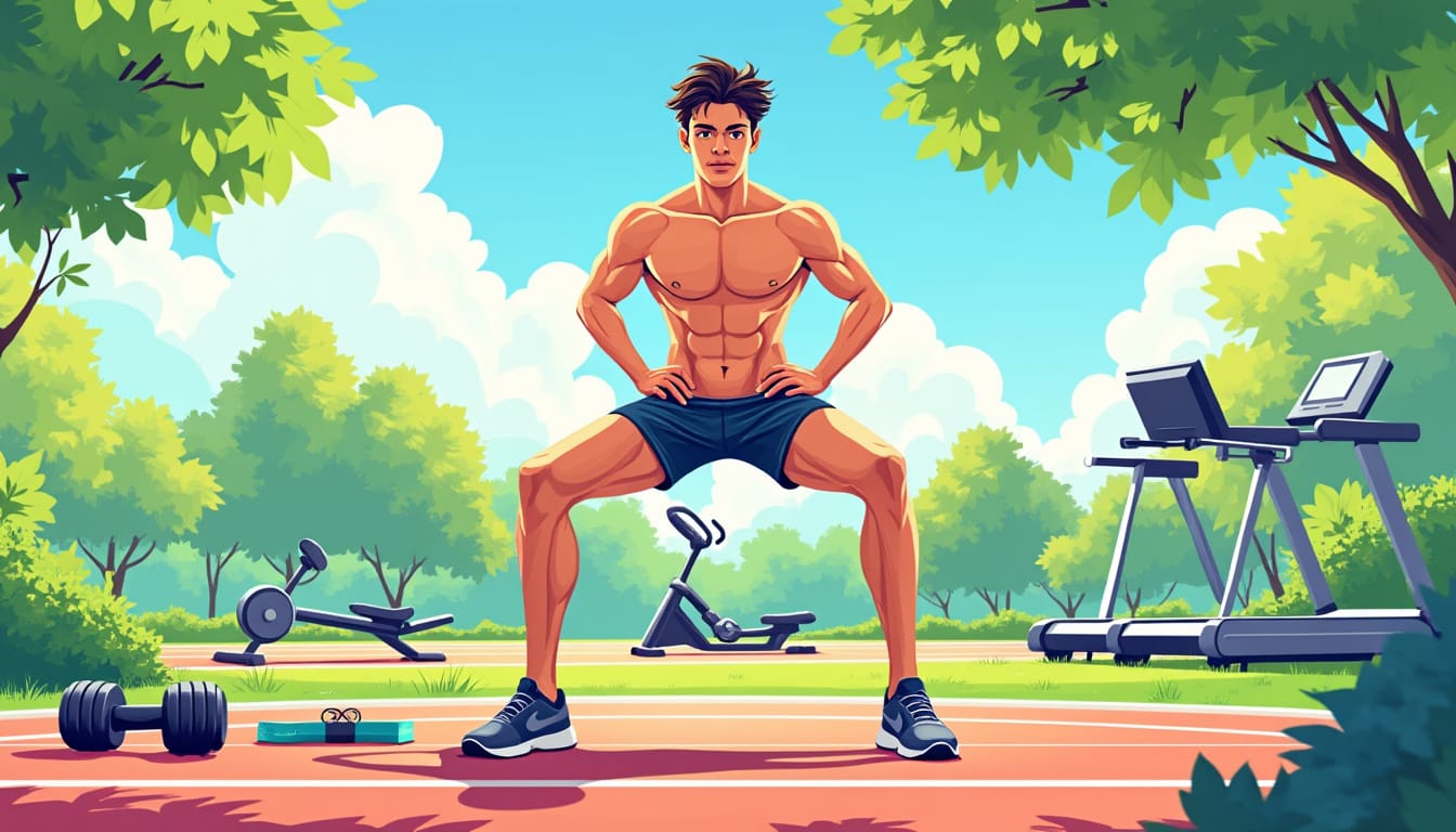 Illustration d'un athlete muscle entre halteres et appareils cardio en exterieur