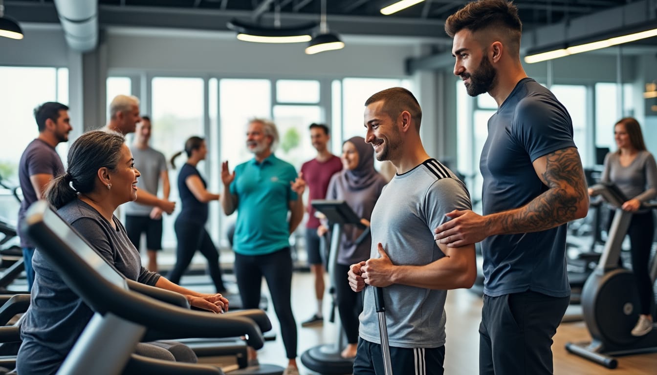 Membres d'une salle de sport discutant et souriant pres des appareils