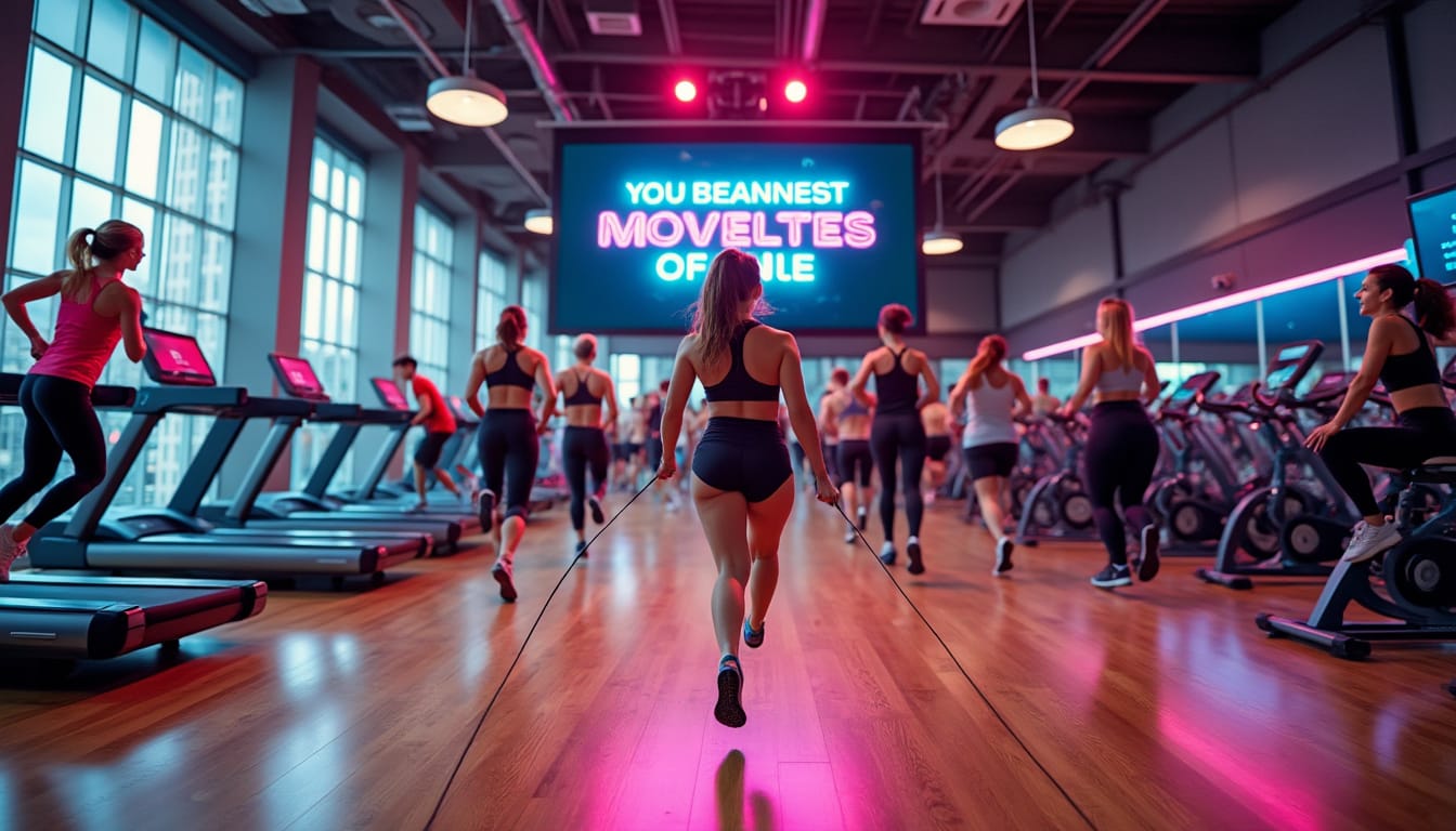 Sportifs courant et s'entrainant dans une salle fitness aux lumieres neon roses