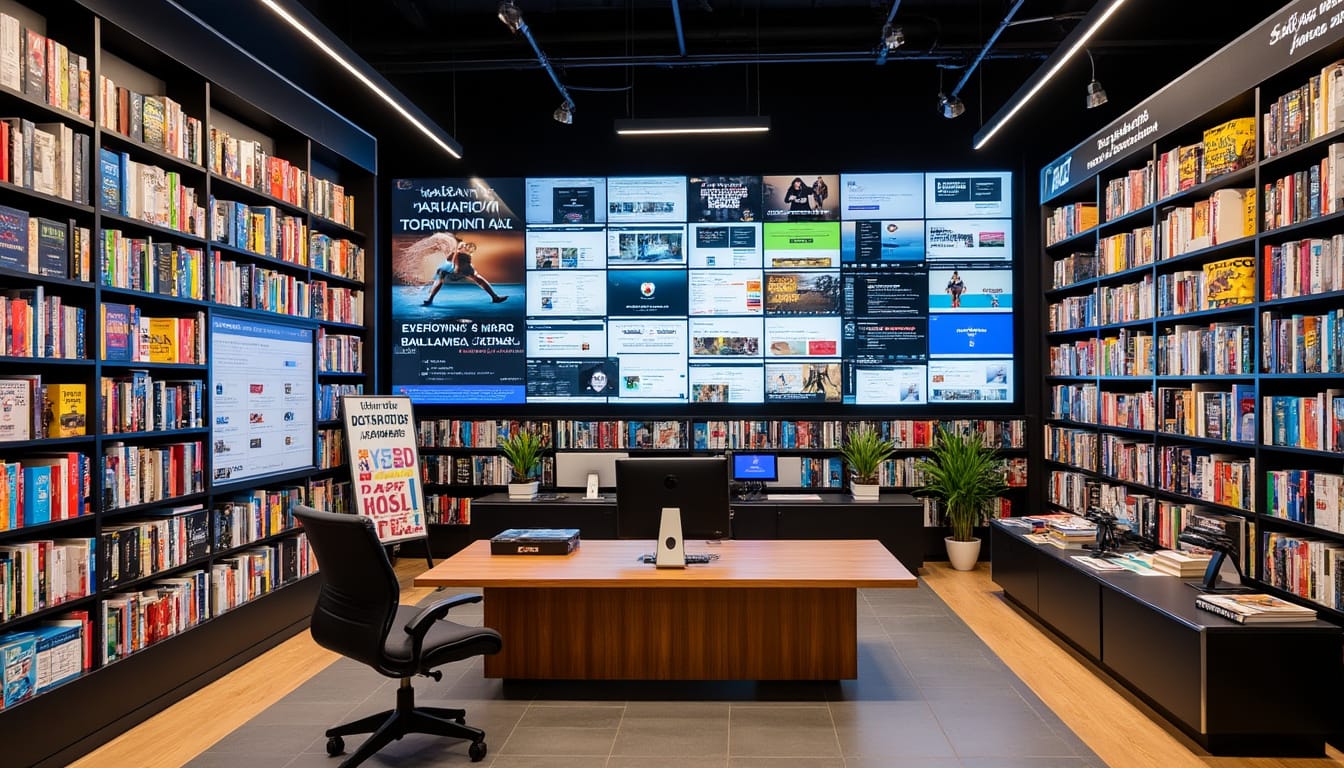 Bureau moderne avec ecrans et etageres de livres dans un espace de documentation