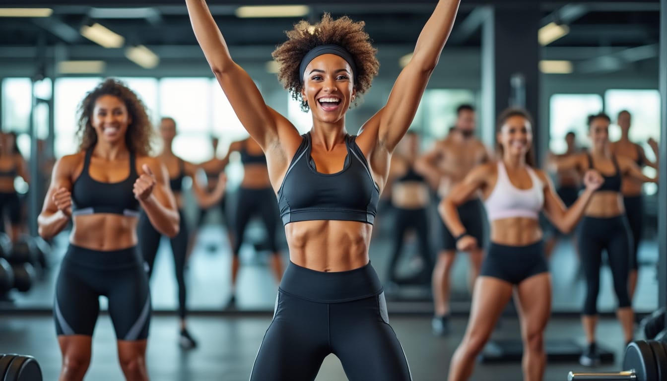 Femme energique bras leves entouree d'un groupe en cours collectif en salle