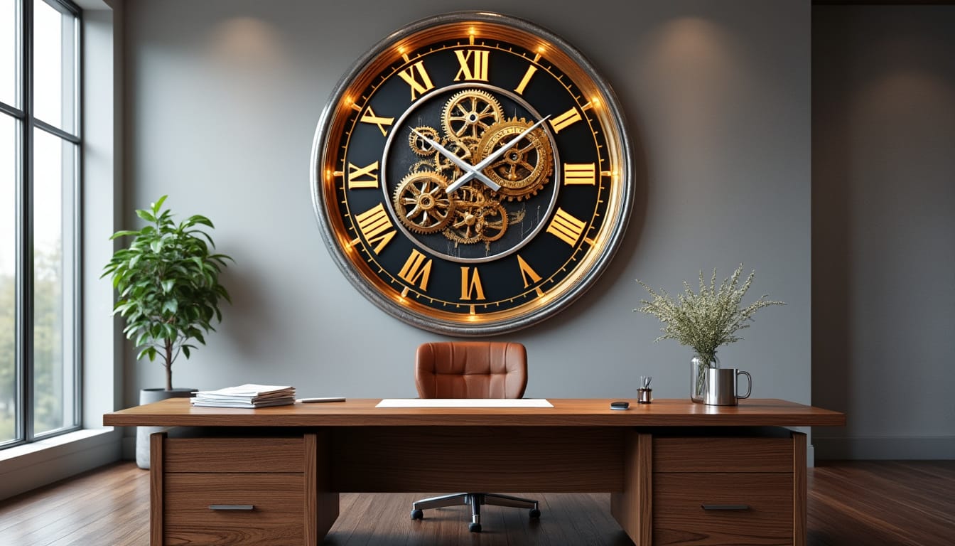 Grande horloge a engrenages dores au-dessus d'un bureau en bois dans un office