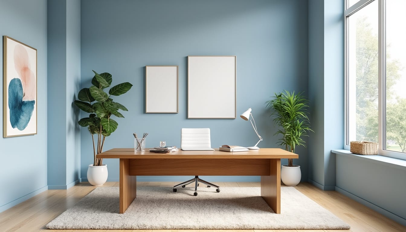Bureau epure aux murs bleus avec chaise blanche, plantes et cadres vides
