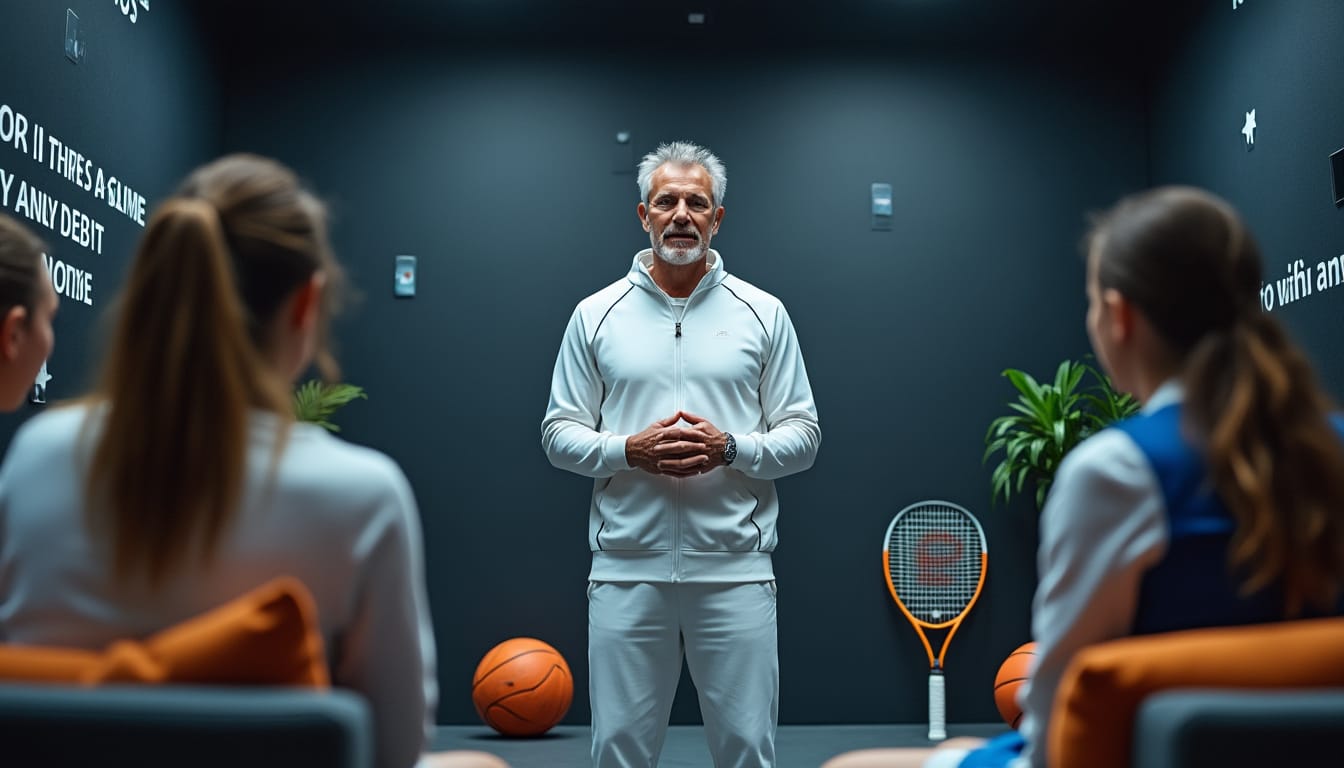 Coach en survetement blanc parlant a de jeunes athletes assis avec ballons et raquette