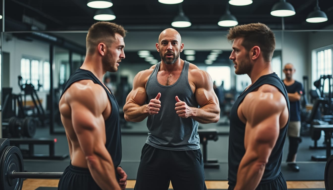 Coach chauve discutant avec deux sportifs muscles dans une salle de musculation