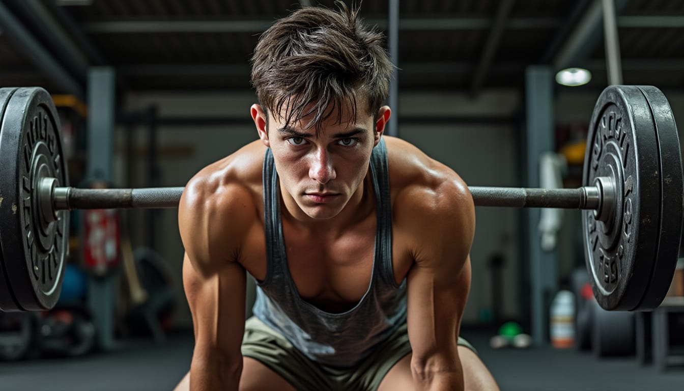 Jeune homme concentre soulevant une barre lourde en position basse en salle