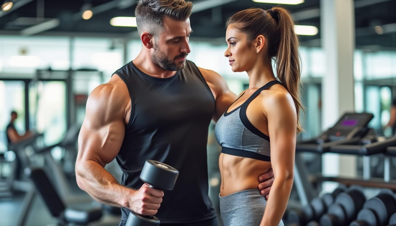 Homme montrant un haltere a une femme dans une salle de sport