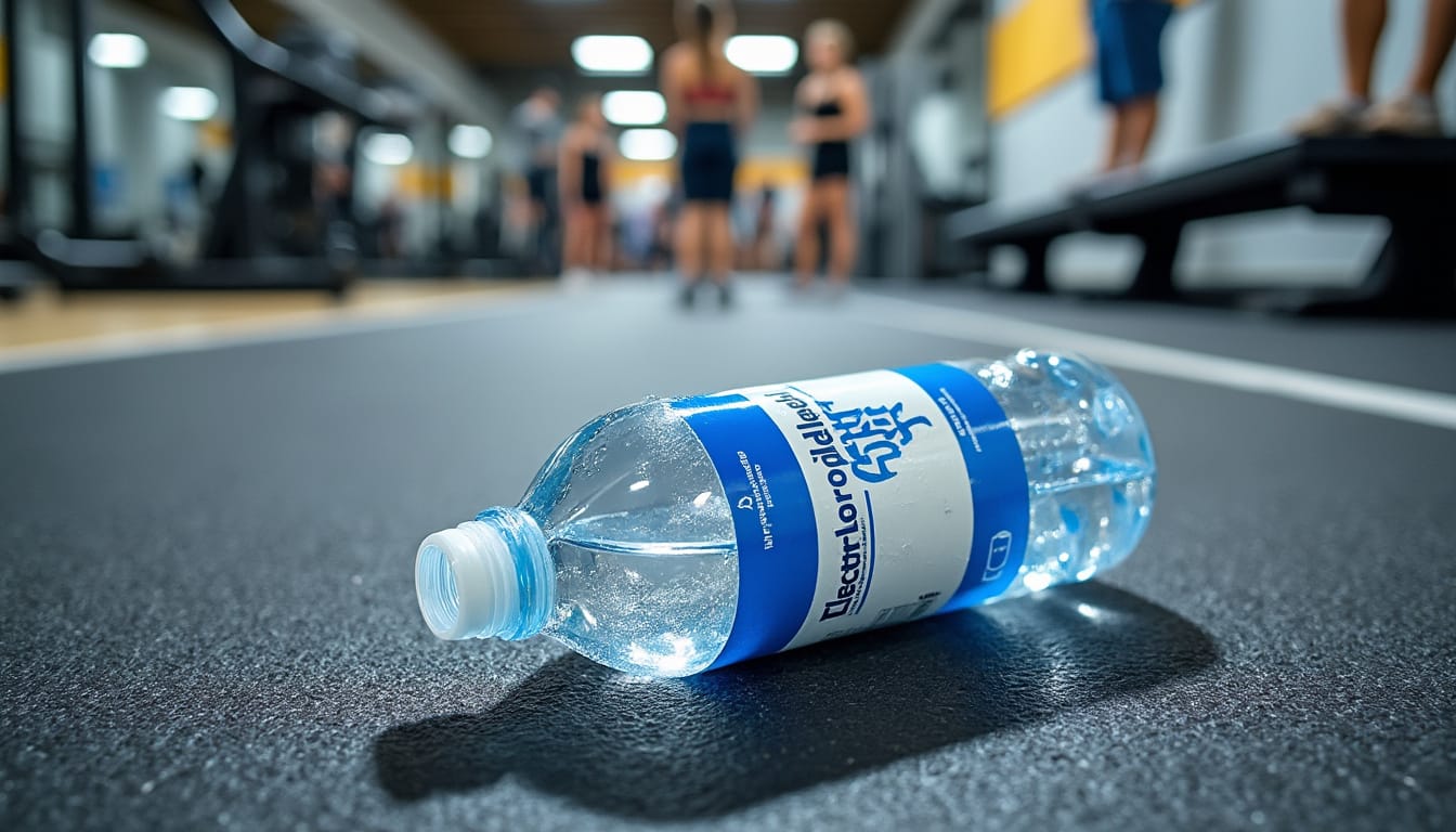 Bouteille d'eau posee au sol d'une salle de sport avec sportifs en arriere-plan