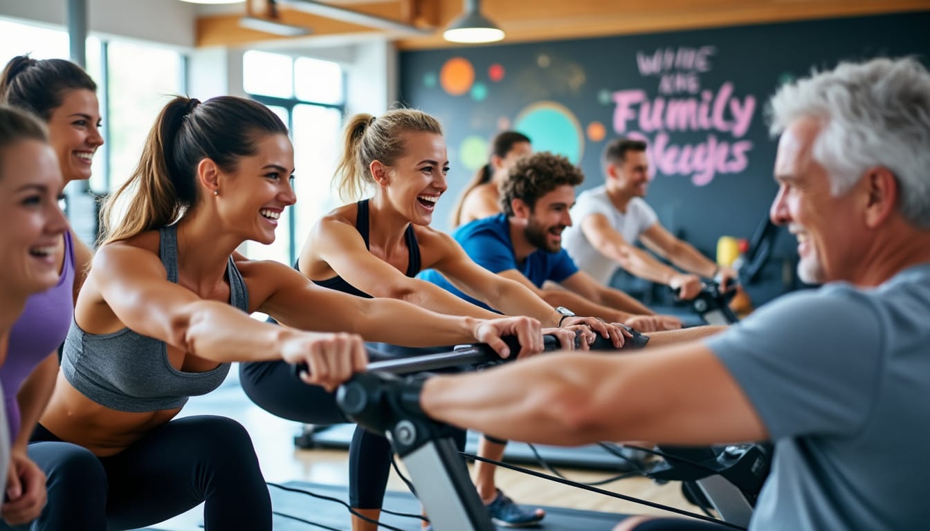 Groupe souriant sur des rameurs dans une salle de sport conviviale