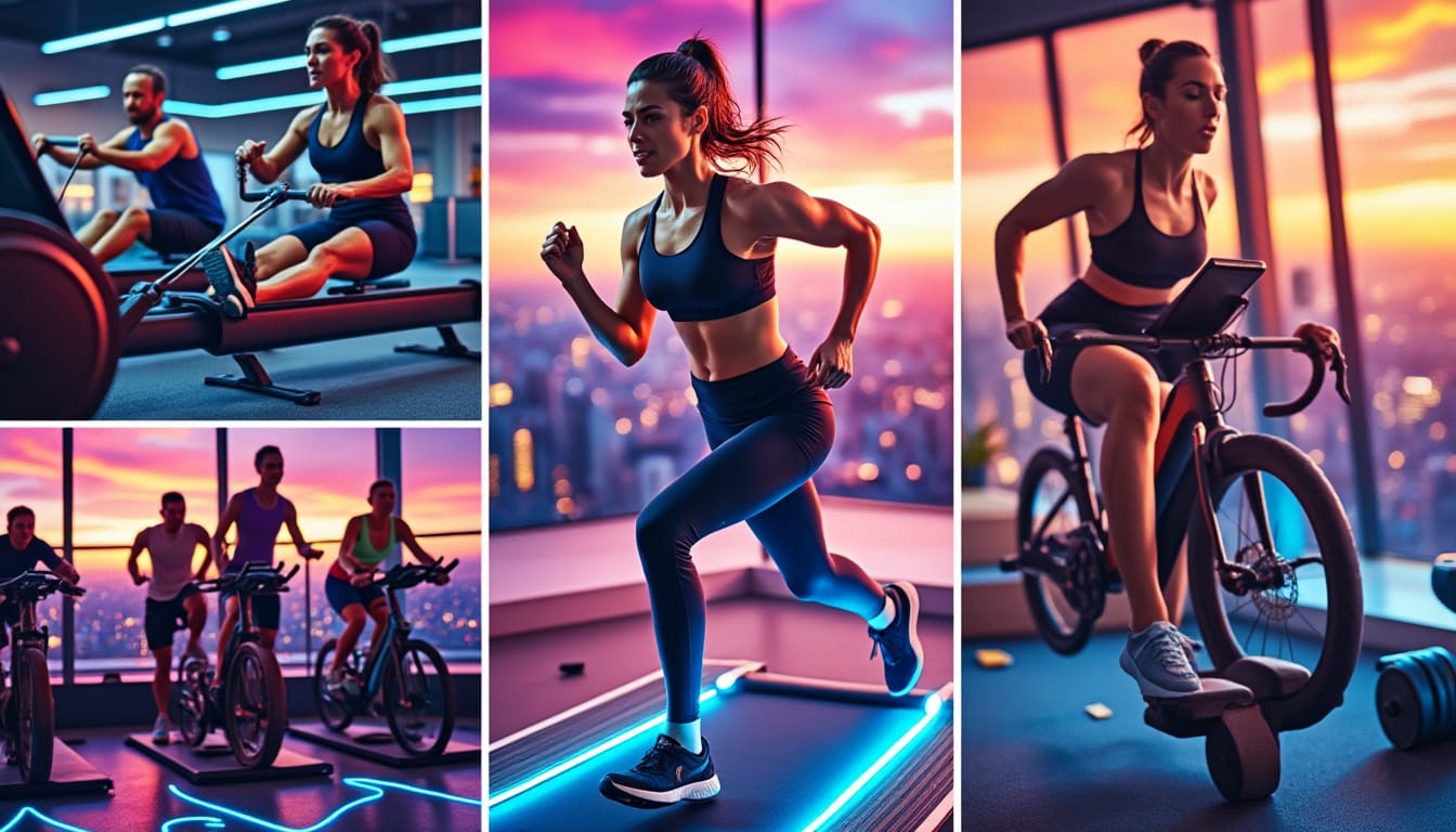 Collage de quatre scenes : rameur, course sur tapis, spinning et velo en salle
