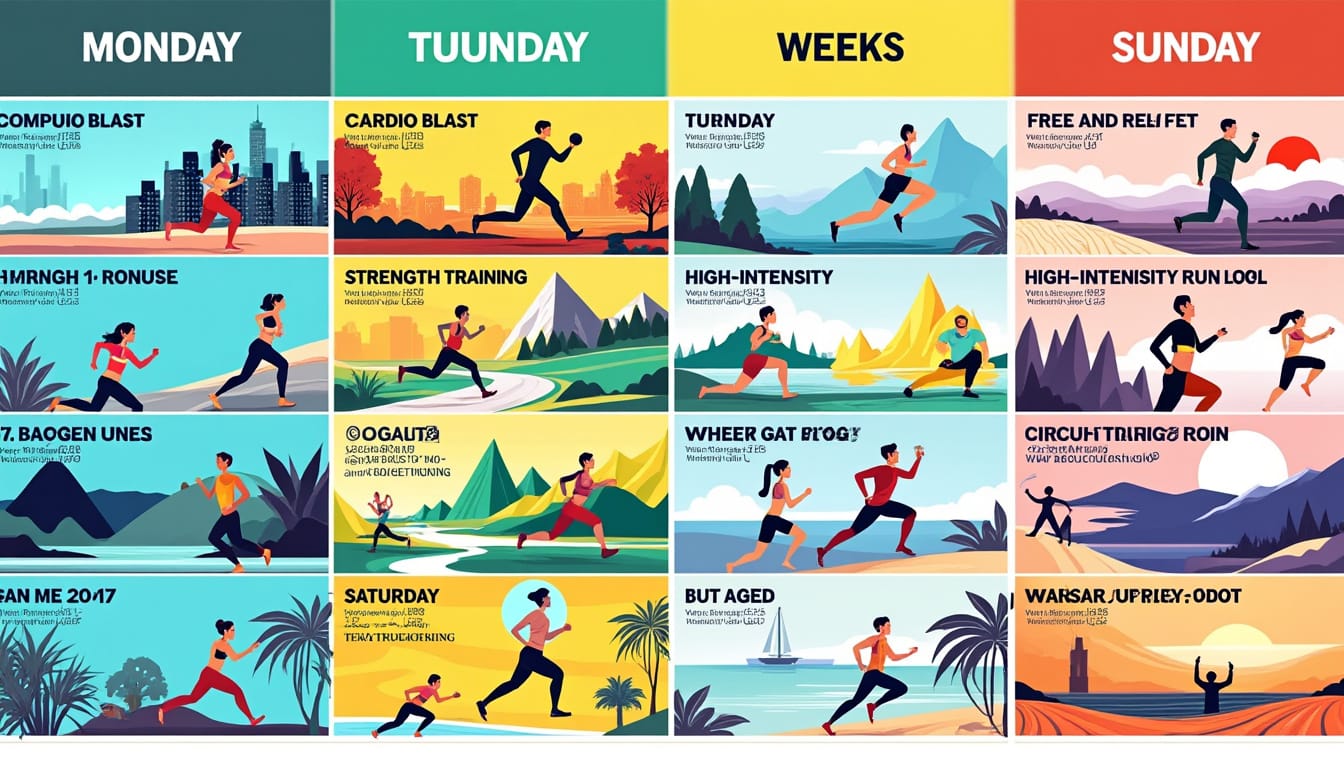 Planning hebdomadaire illustre avec des silhouettes de coureurs et exercices varies