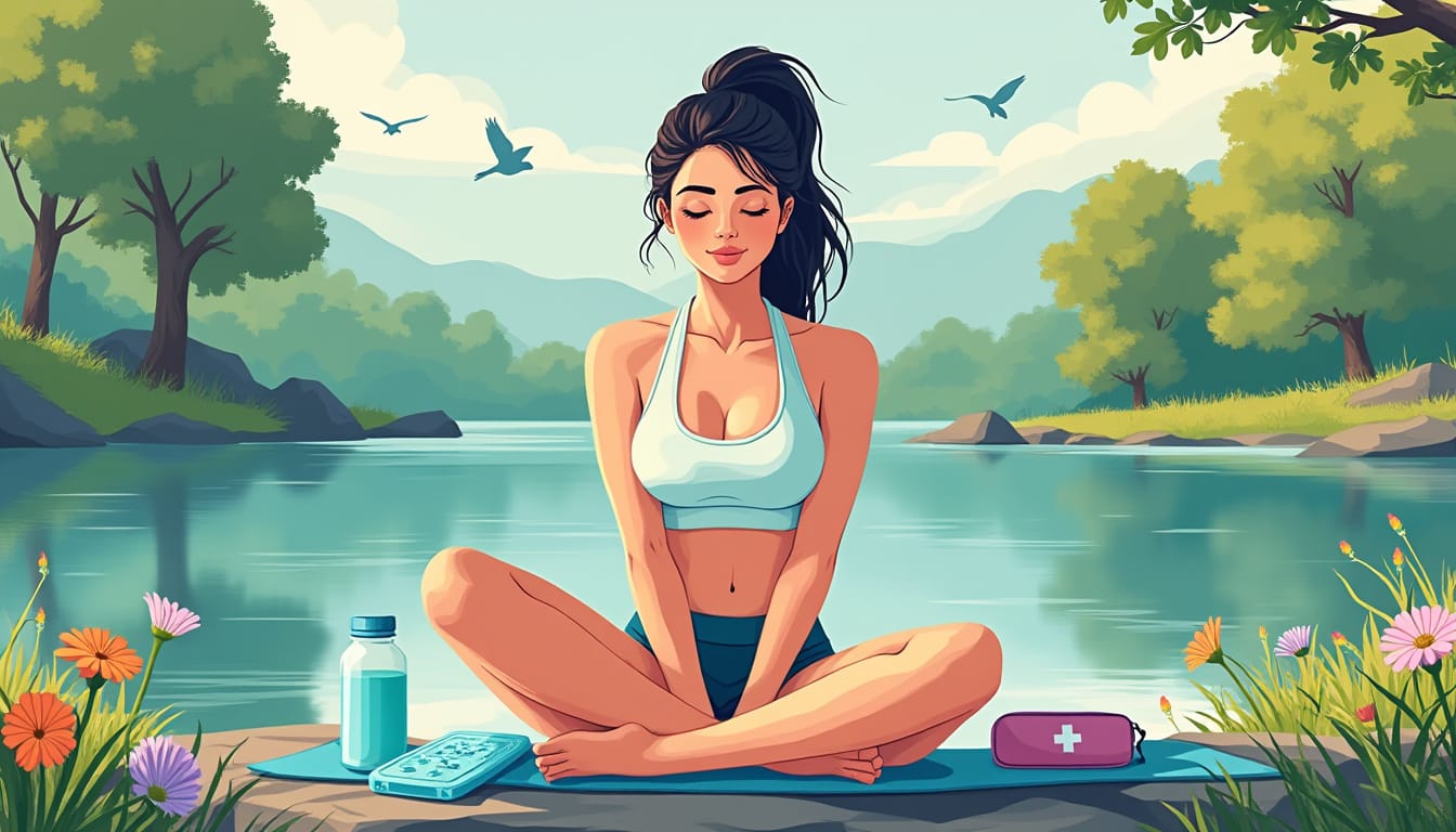 Illustration d'une femme meditant au bord d'un lac avec trousse de secours