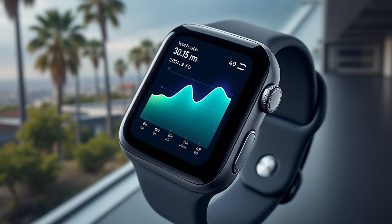 Montre connectee affichant des donnees d'entrainement en gros plan
