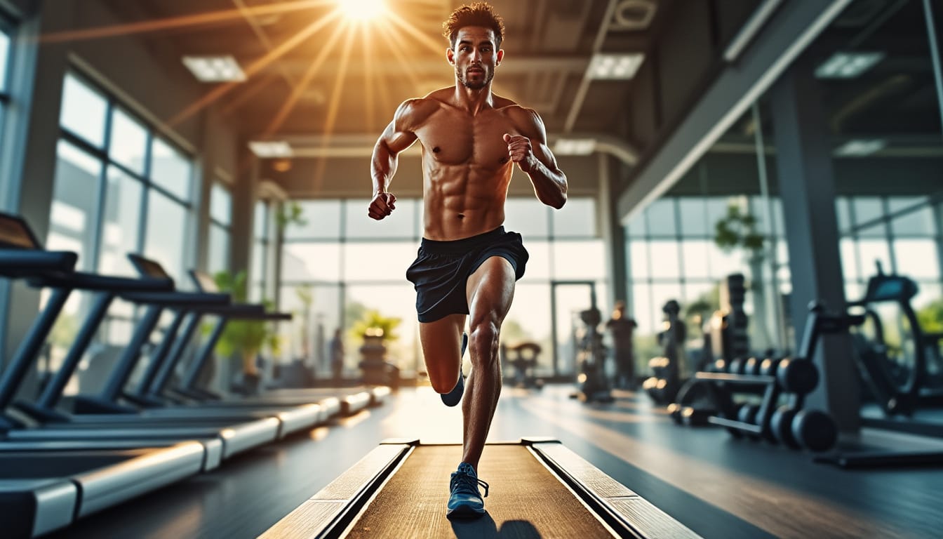 Homme torse nu courant sur un tapis de course dans une salle lumineuse